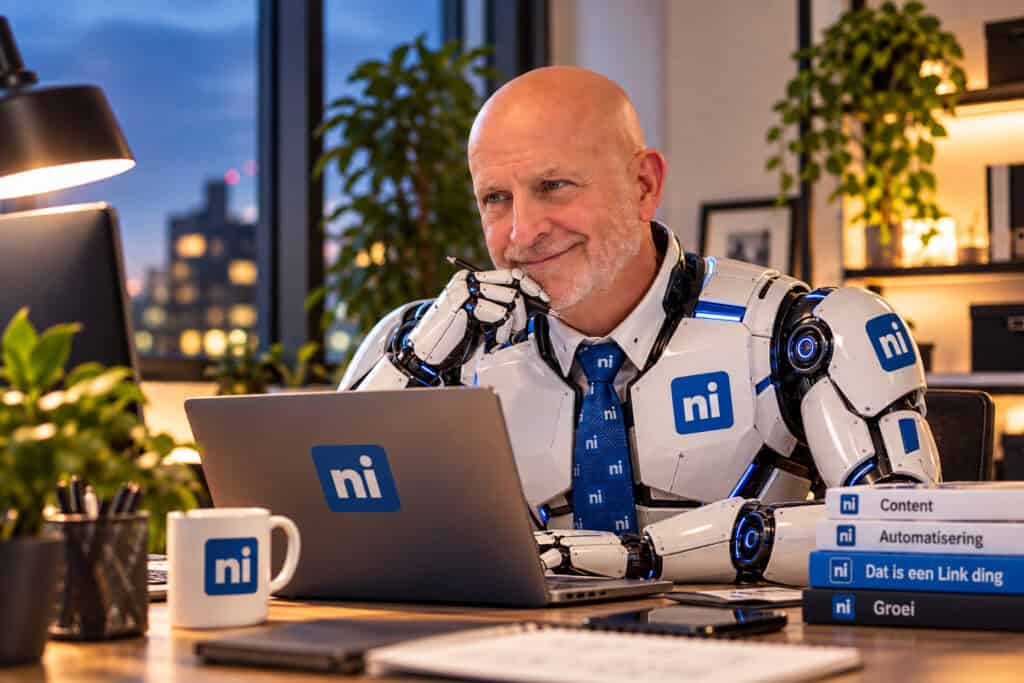 Ivo als robot achter zijn laptop, illustratie bij AI-automatisering op LinkedIn
