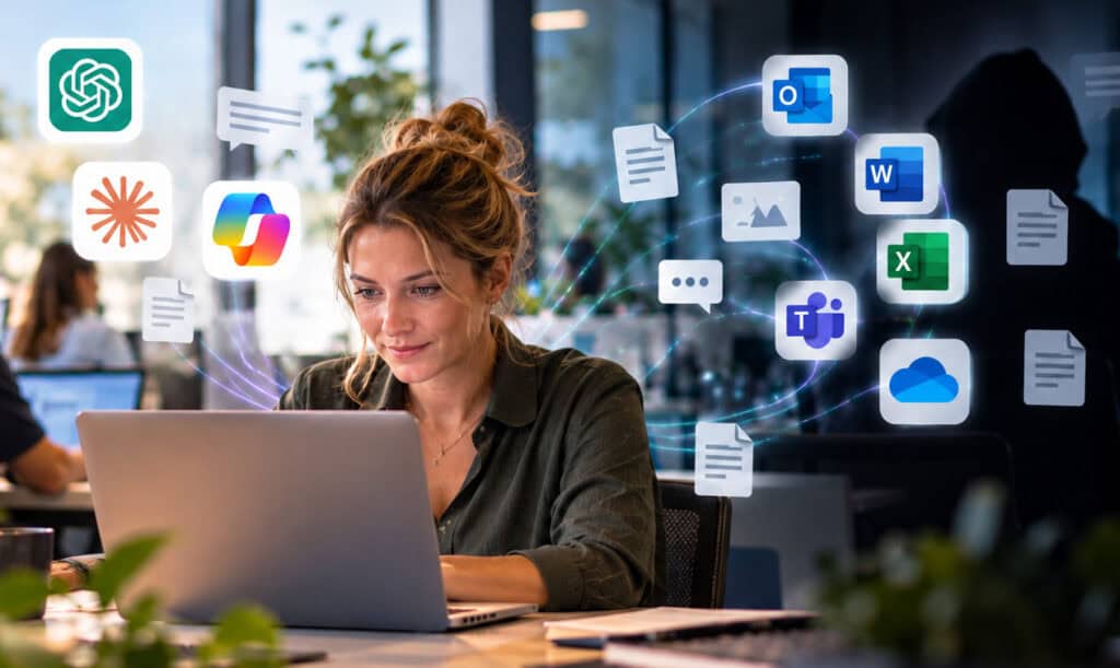 Medewerker achter een laptop met AI-tools als ChatGPT, Claude en Copilot naast Outlook, Word, Excel, Teams en OneDrive, met op de achtergrond een schimmige figuur